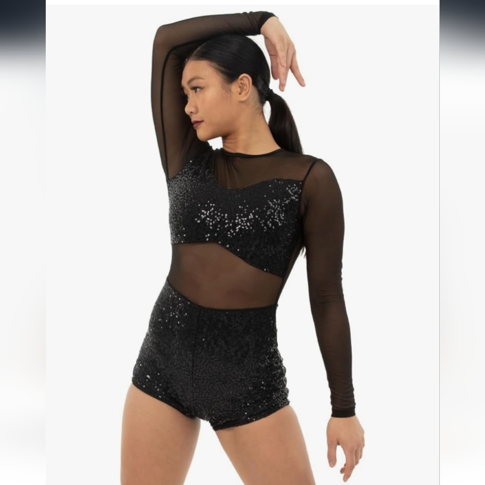 Black Sequin Mesh Long Sleeve Top